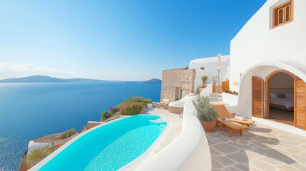 A minimalistic view of a holiday travel destination in Santorini, Greece, with trendy bold colors like deep blues, reds, and golds. The scene reflects modern elegance, warmth, and sophistication.