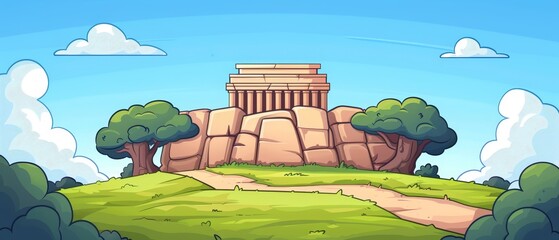 A stone edifice atop a knoll, dotted with trees, and a winding trail ascending its summit