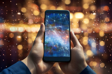 The hands close up holding a smartphone with blurred digital connections in the background