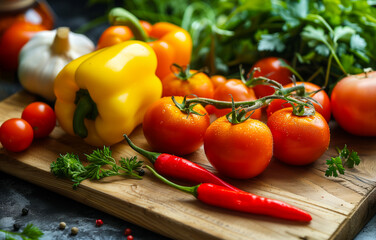 Various fresh vegetables on a wooden board in the kitchen