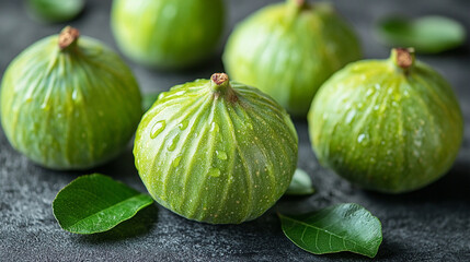 Fresh green figs arranged on a dark surface with leaves, showcasing their unique texture and natural beauty.