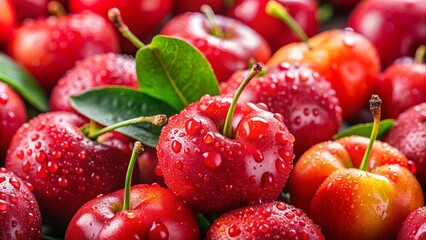 Close-up of freshly picked acerola cherries with water droplets, showing their bright red color and smooth texture. This image captures the freshness, highlighting the cherries' abundance of vitamin C