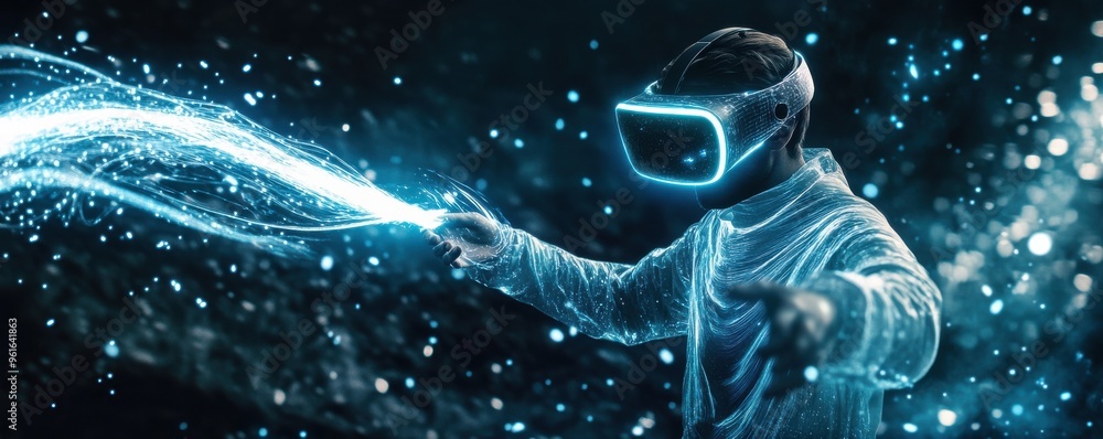 Poster futuristic concept of a man interacting with glowing holographic elements using a vr headset in a vi