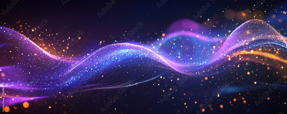 Poster glowing purple and blue sound wave with sparkling particles creating a dynamic and vibrant abstract 
