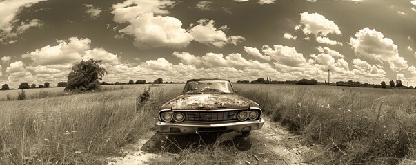 An abandoned vintage car sits in a deserted rural field under a dramatic, cloud-filled sky, surrounded by untamed nature and tall grasses