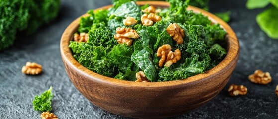 Fresh Kale Salad with Walnuts in Wooden Bowl