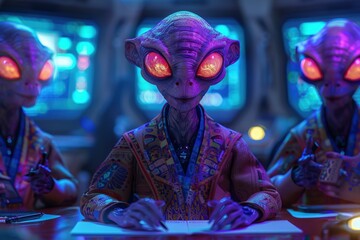 Fototapeta premium Diplomats engaged in crucial intergalactic negotiations in a futuristic setting