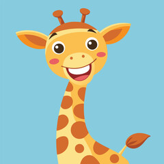 A cute, cheerful little giraffe smiles brightly on a blue background.vector illustrator.