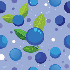 Blueberries with green leaves vector seamless pattern.