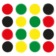 Colorful circle icons. Abstract brushstroke shapes. Red, green, yellow, black elements. Geometric vector set.