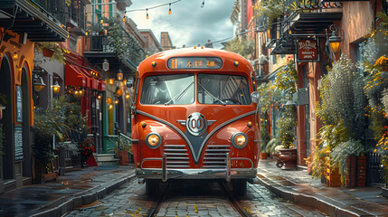 Obraz premium Vintage Bus on Cobblestone Street - 3D Illustration
