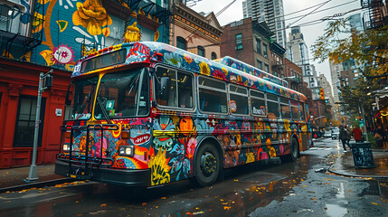 Obraz premium Colorful Bus on City Street with Graffiti Art Illustration