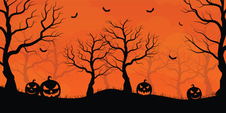 Halloween pumpkins in spooky forest at night
