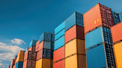 Fototapeta premium Vibrant Stacks of Shipping Containers Against a Bright Blue Sky at a Busy Port Scene