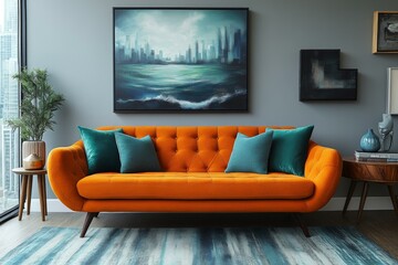 Modern Living Room with Orange Sofa and Abstract Art