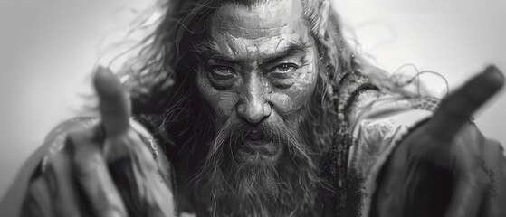  A monochrome image of a man with long locks and a beard, his hands before his face