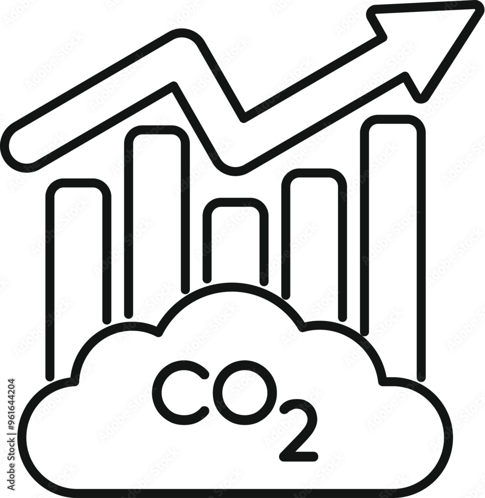 Poster line art style icon of a bar graph with an upward arrow indicating increasing co2 emissions