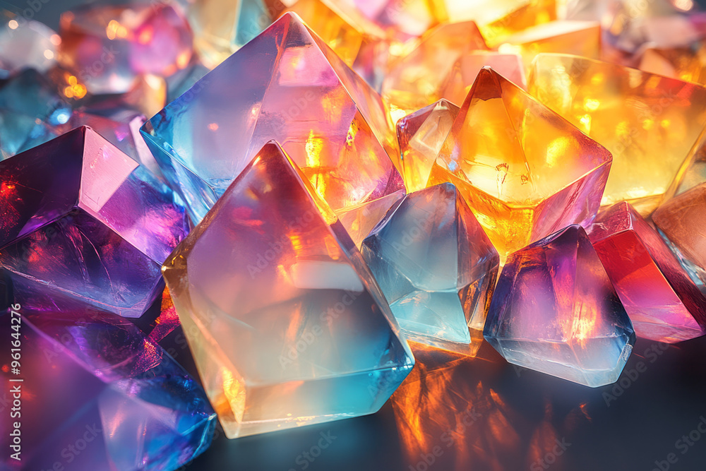 Poster An abstract composition of multiple glass prisms reflecting and refracting light into a chaotic, beautiful array of colors,