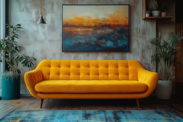 Yellow Couch in Modern Living Room, Comfortable Seating