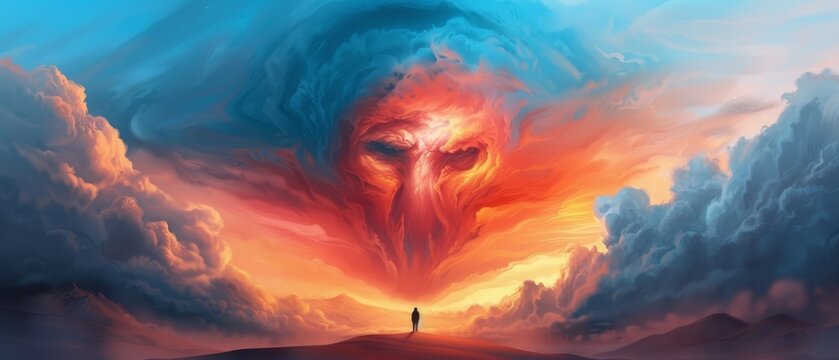  A man stands in a vast, cloud-filled sky, gazing up at a towering demon head centrally positioned