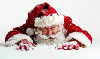 A photo of old man leaning over with his hands on the edge, white background, high resolution