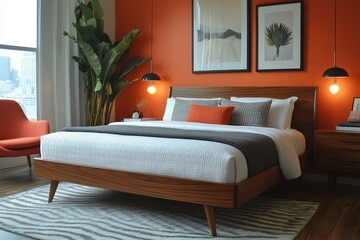 Modern Hotel Room with Wooden Beds, Orange Decor
