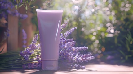 A tube of lavender body scrub set on a table with fresh lavender sprigs