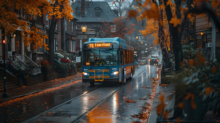 Obraz premium Bus on a Wet Street with Autumn Leaves - Photograph