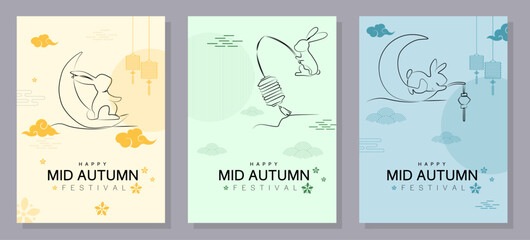 Set of Mid-Autumn Festival card designs with the full moon, rabbits, and Asian patterns. Vector illustration. Mid-Autumn Festival.