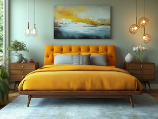 Modern Bedroom with Yellow Comforter and Wooden Side Table