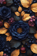 Fototapeta premium A moody, dark floral pattern with black roses, deep violet chrysanthemums, and gold leaves,
