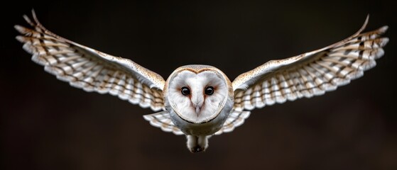  An owl flies in the air, wings spread, head turned sideways