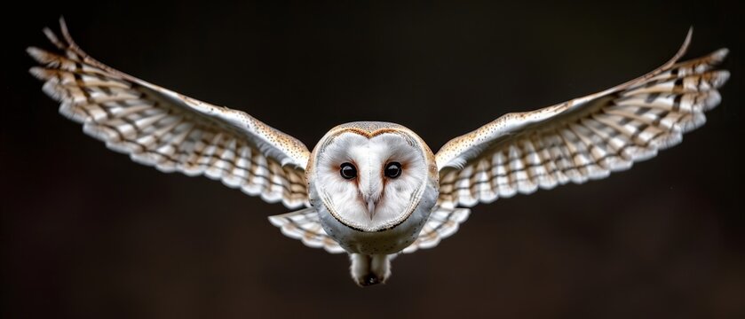  An owl flies in the air, wings spread, head turned sideways