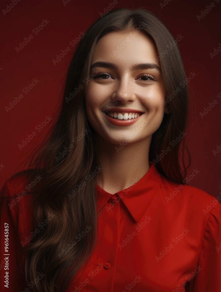 Wall mural Smile young brunette woman girl in a red dress isolated in a red background