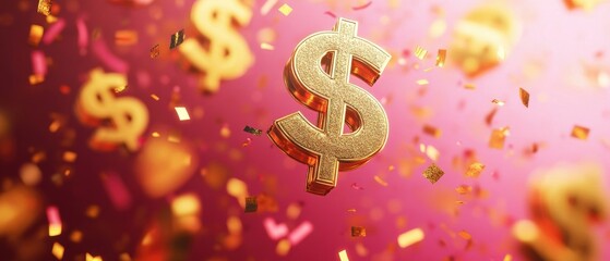 Golden Dollar Sign With Confetti on Pink Background