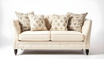Fototapeta premium Compact Cream Loveseat with Decorative Throw Pillows – Cozy, Stylish Design for Modern Spaces, sofa isolated on white