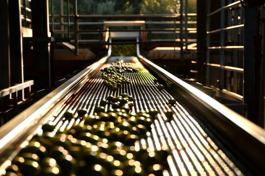 Captured moment in an olive processing plant, showcasing the vibrant green olives