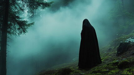 Spooky Figure in Misty Forest - Halloween Scene
