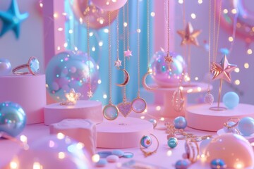 Whimsical jewelry display adorned with pastel colors and twinkling lights at night