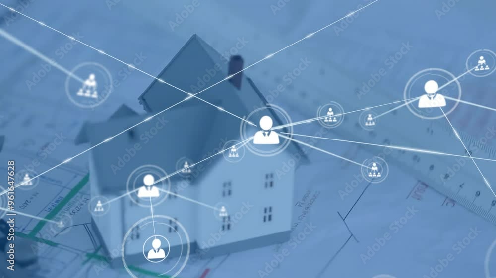 Poster network of connections and data processing animation over architectural blueprints and house model