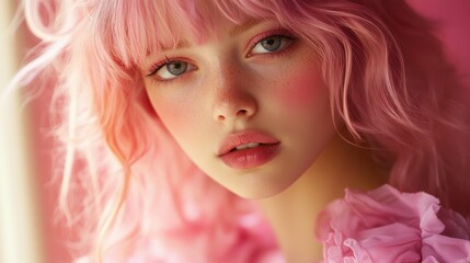 Stylish young woman with flowing pink hair and porcelain skin, posing against a vibrant pink backdrop, wearing a pink ruffled dress, her expression is soft and captivating