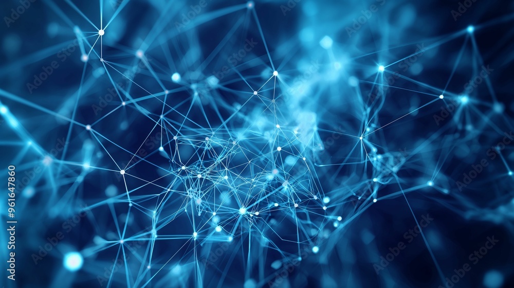 Poster abstract blue network of interconnected nodes and lines illuminated in a digital space