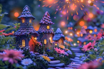 Enchanting fairy garden at dusk with tiny houses and vibrant blooming flowers