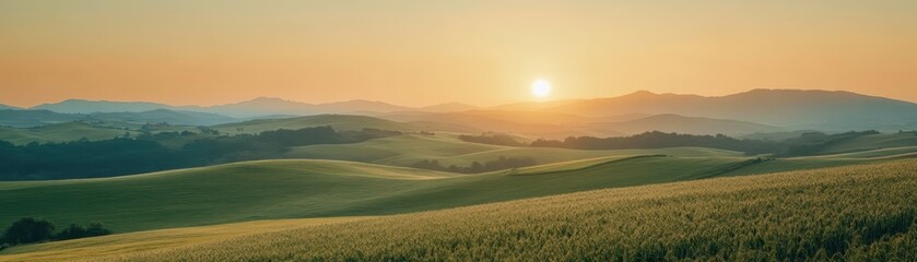 Fototapeta premium Sunset over rolling hills with golden fields, casting a warm, serene glow, perfect for nature, landscape, and tranquility themes.