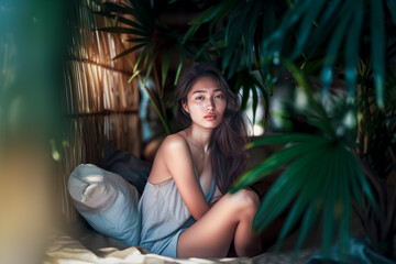 Obraz premium Pensive Woman in Tropical-Themed Space Surrounded by Lush Greenery and Soft Light