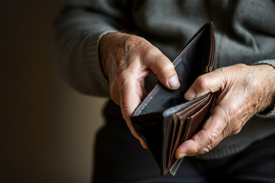 An empty wallet in the hand of an old man. pension concept, poverty