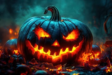 Naklejka premium One spooky jack-o'-lantern with glowing face and grin