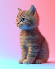 Obraz premium The cutest little fluffy kitten, tiny cat with adorable big blinking eyes in solid color background, surreal, 3D cartoon animation style for children animation movie film character development concept