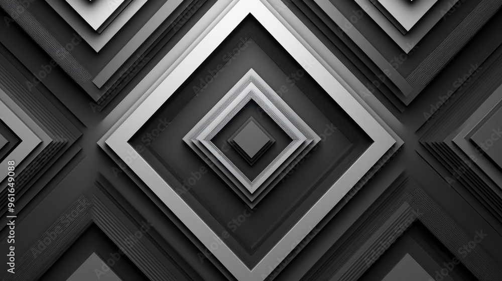 Poster abstract geometric background with layered gray metal square patterns creating a modern, futuristic,