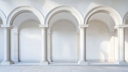 Elegant architectural design featuring a series of classic white columns and arches set against a smooth, light backdrop. Perfect symmetry and balance.